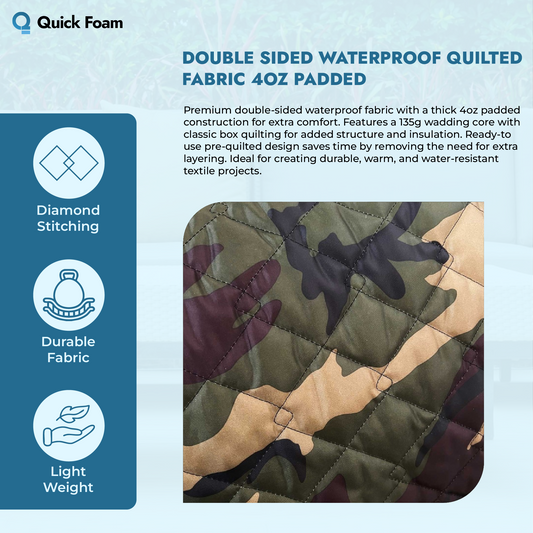 Double Sided Waterproof Quilted Fabric - 4oz Padded, Pre-Quilted Material