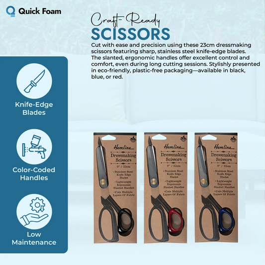 Dressmaking scissors with features listed.