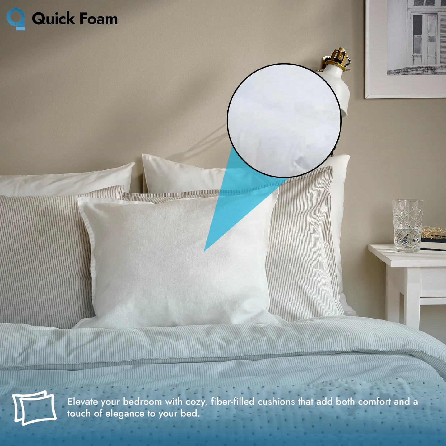 Cozy, white fiber-filled cushions on a bed, with a close-up inset showing the fiber texture.