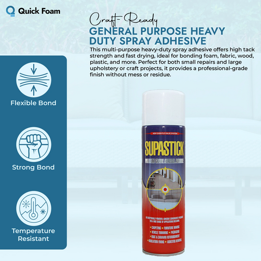 General Purpose Heavy Duty Spray Adhesive showing can and features: Flexible, Strong, and Temperature Resistant Bond.