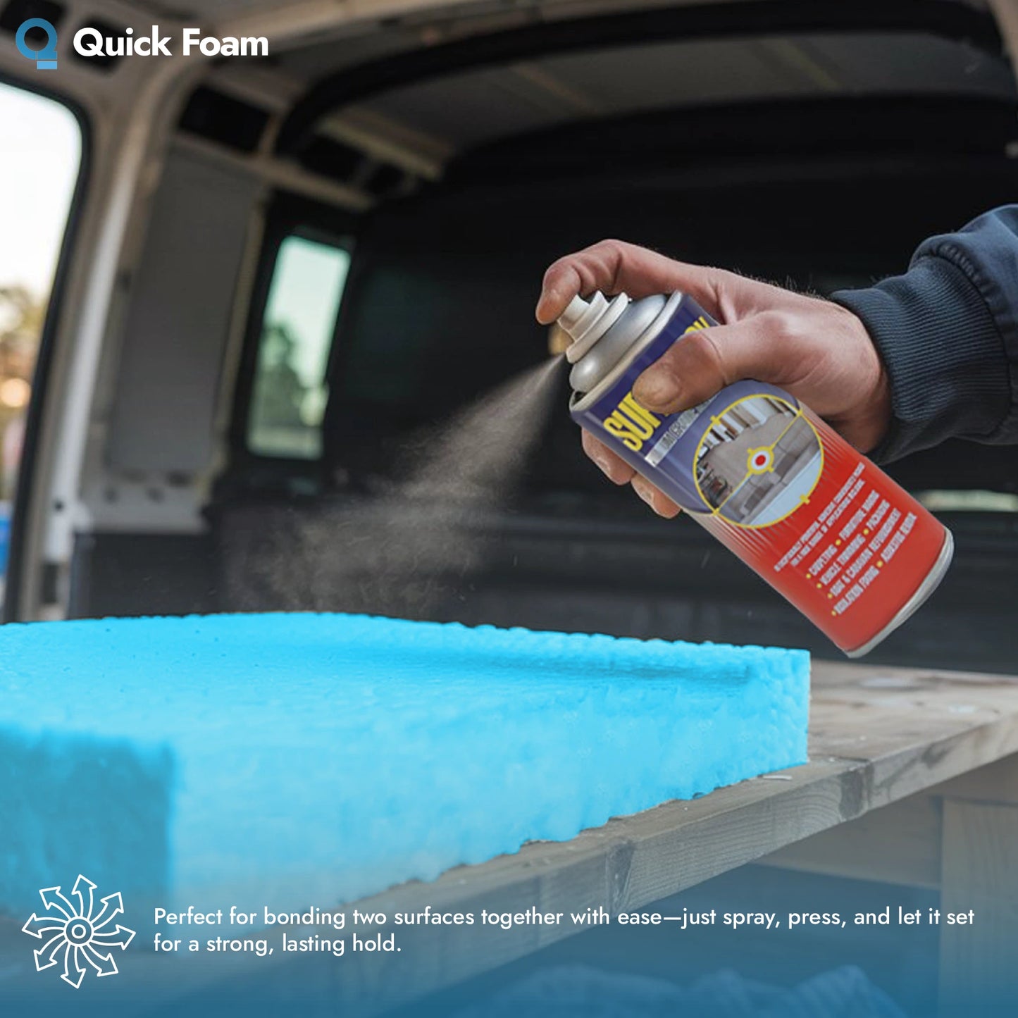 Person using a spray on a blue foam block with a vehicle interior in the background.