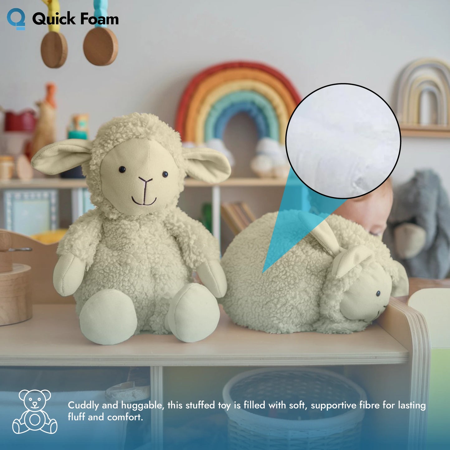 Sheep stuffed toys in a nursery, illustrating the soft, supportive fiber filling.