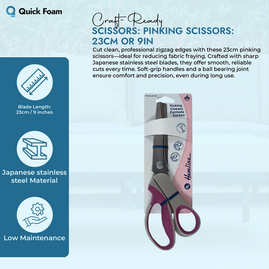 Product image and feature list for Hemline Pinking Scissors, 23cm (9in).