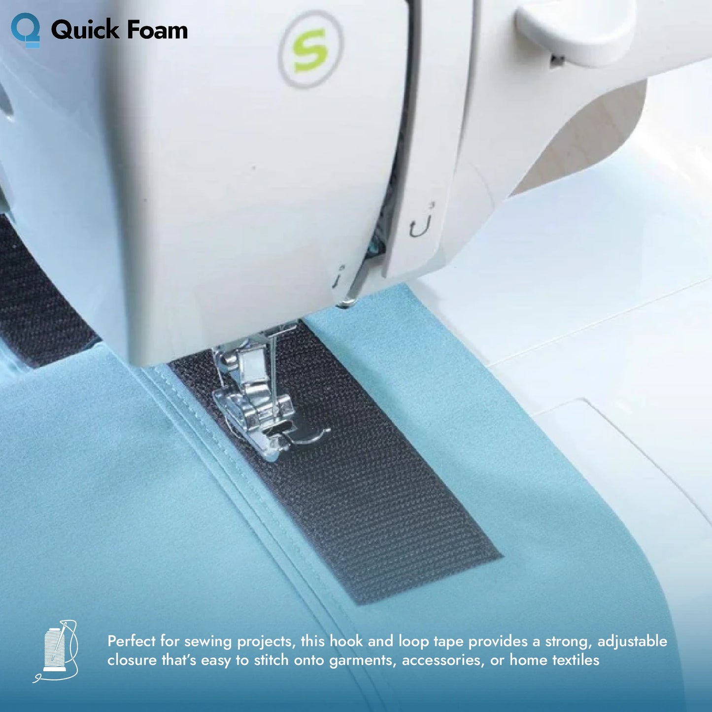 A sewing machine foot is stitching black sew-on hook and loop tape onto light blue fabric.