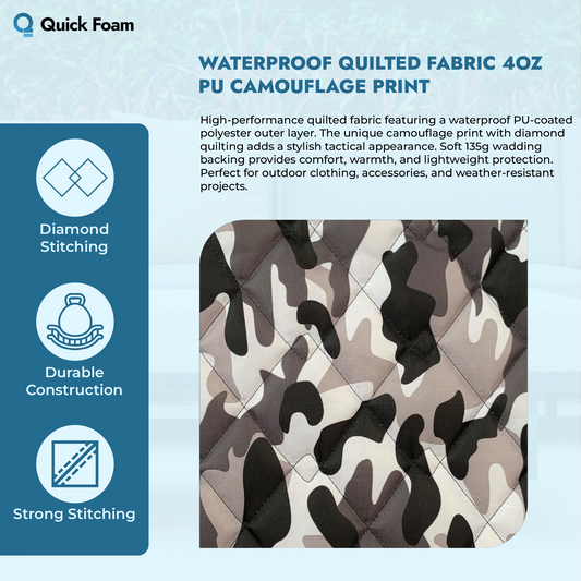 Waterproof Quilted Fabric 4oz PU, Camouflage Print