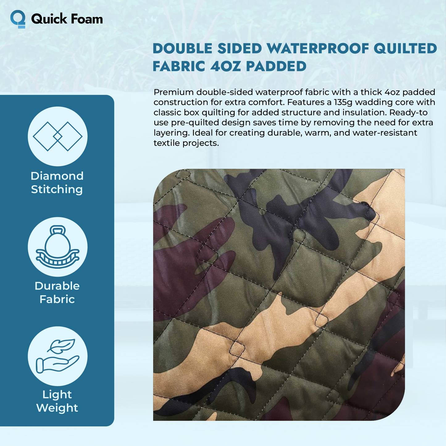 Double Sided Waterproof Quilted Fabric - 4oz Padded, Pre-Quilted Material