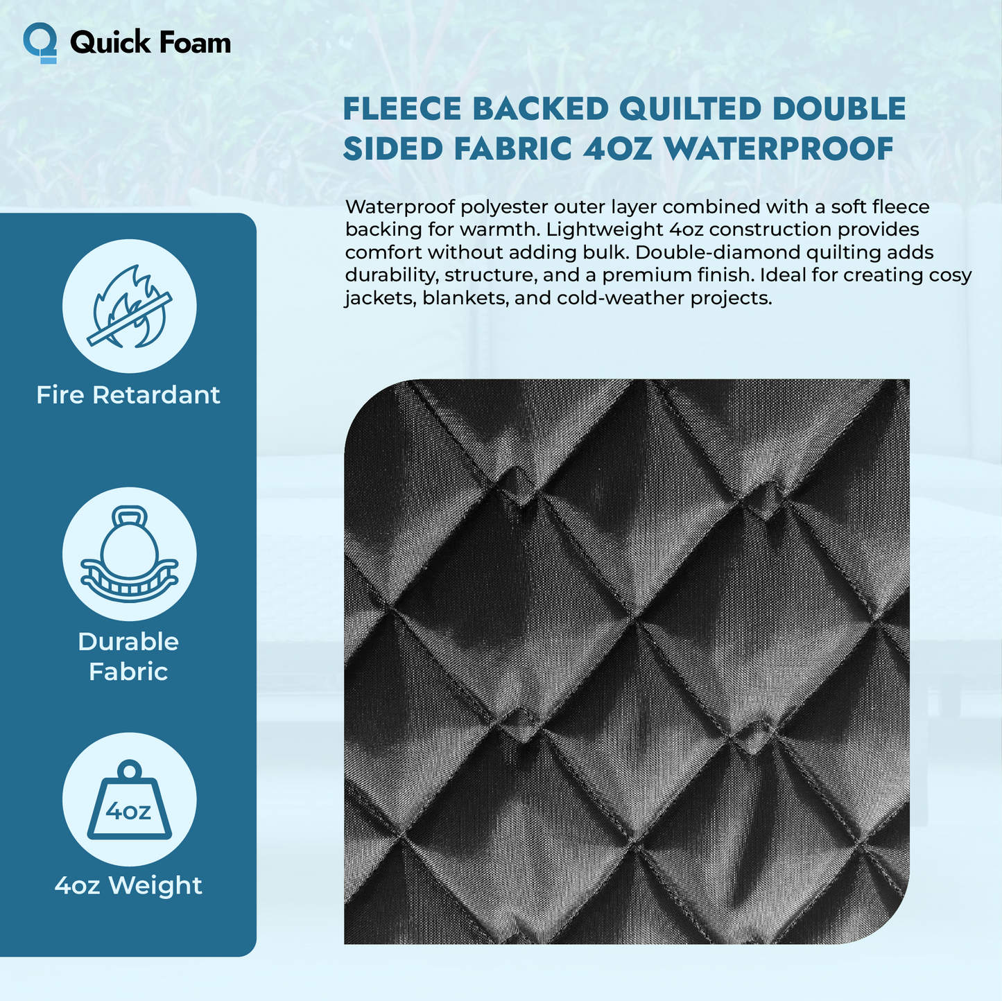 Fleece Backed Quilted Fabric - Double Sided 4oz Waterproof, 150cm Wide