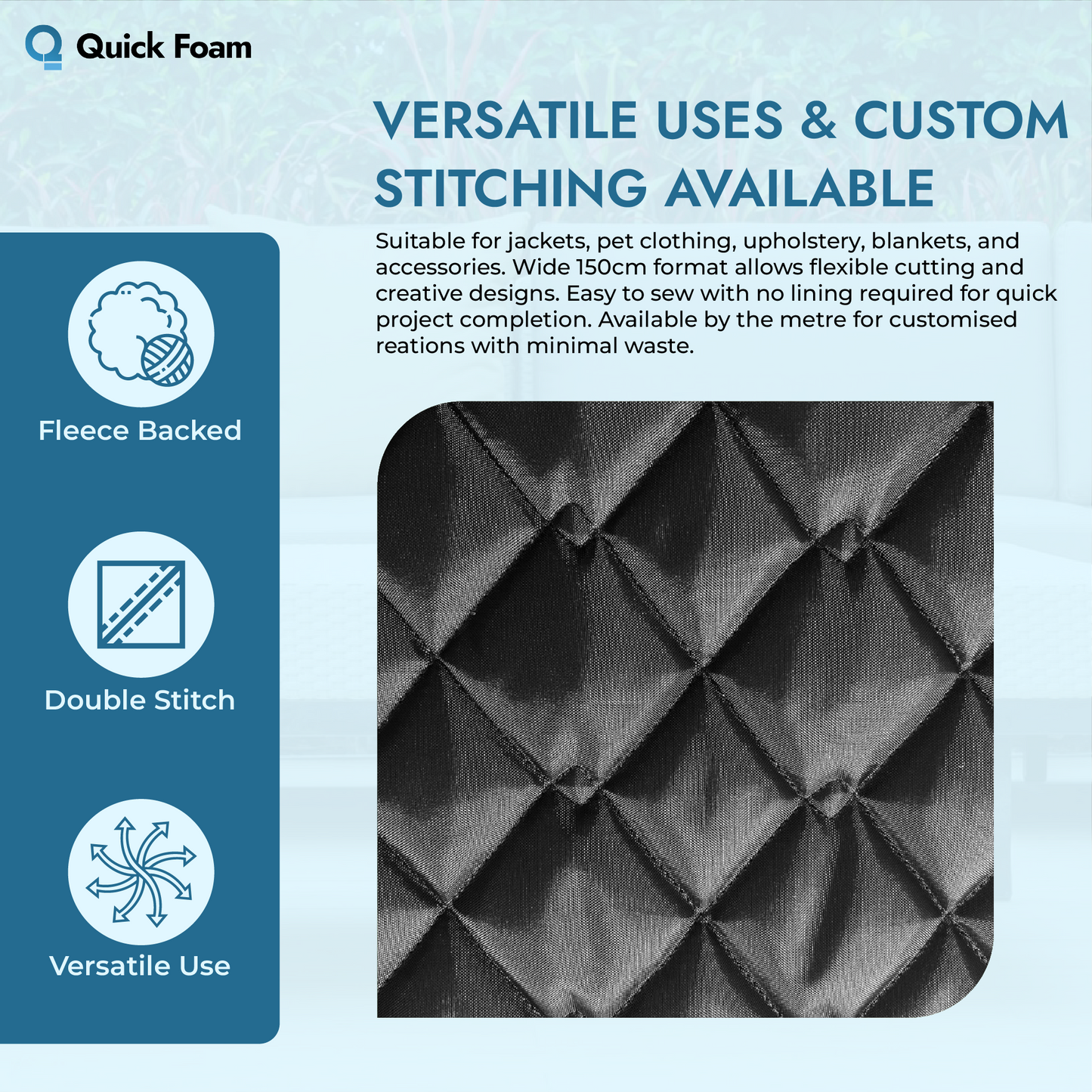 Fleece Backed Quilted Fabric - Double Sided 4oz Waterproof, 150cm Wide