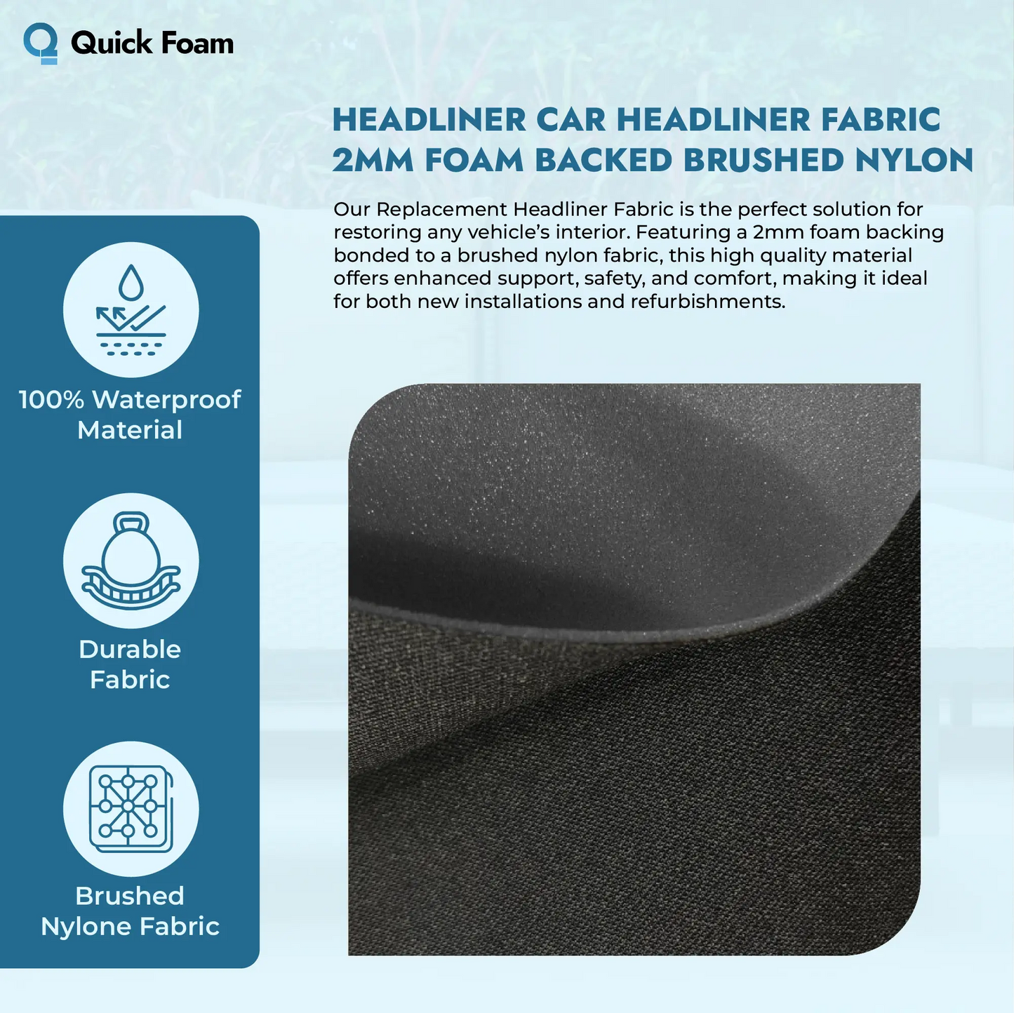 Car Headliner Fabric - 2mm Foam Backed Brushed Nylon - 140cm Wide