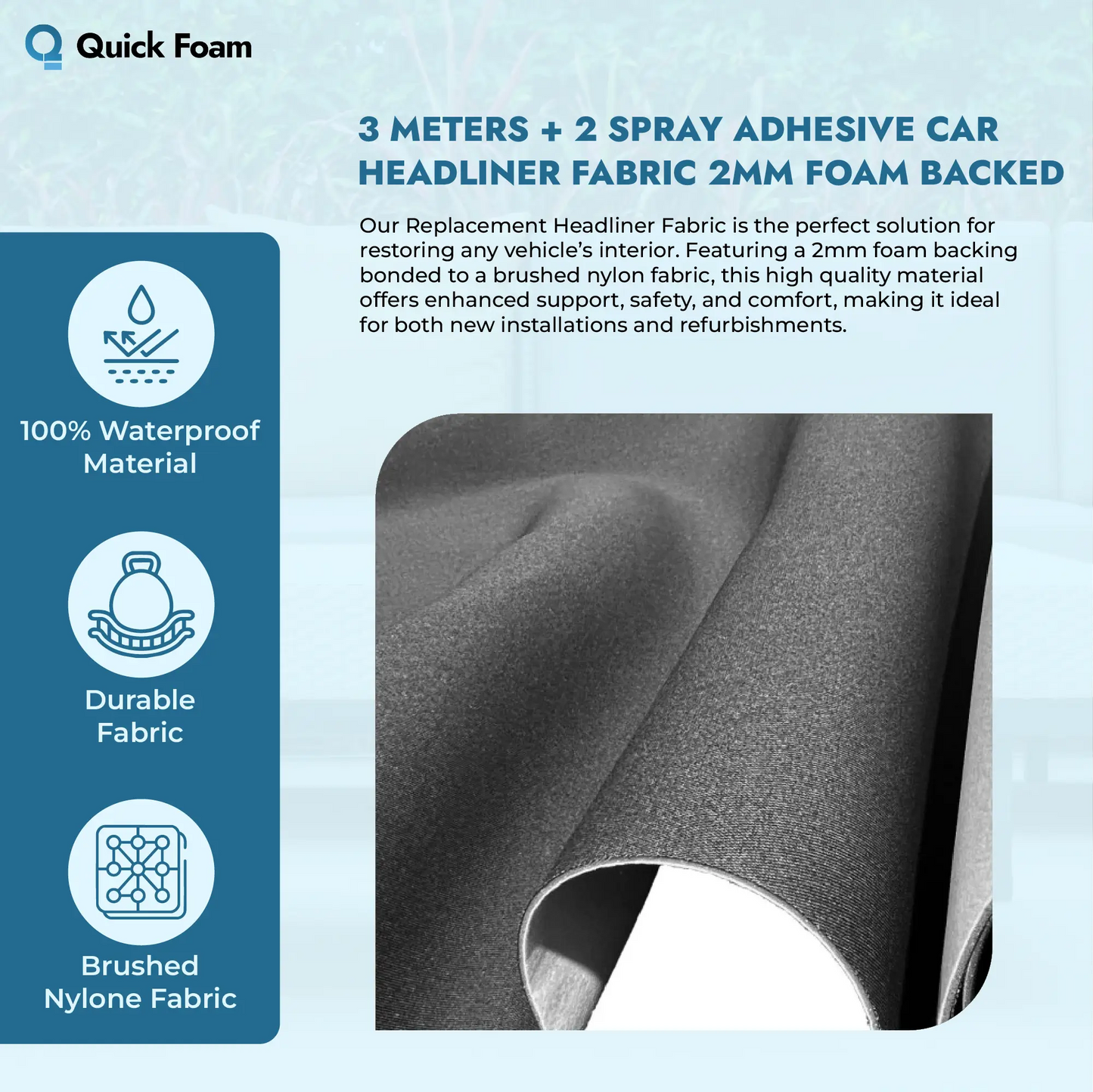 3 Metres Headliner Fabric with 2MM Foam Backing & Spray Adhesive