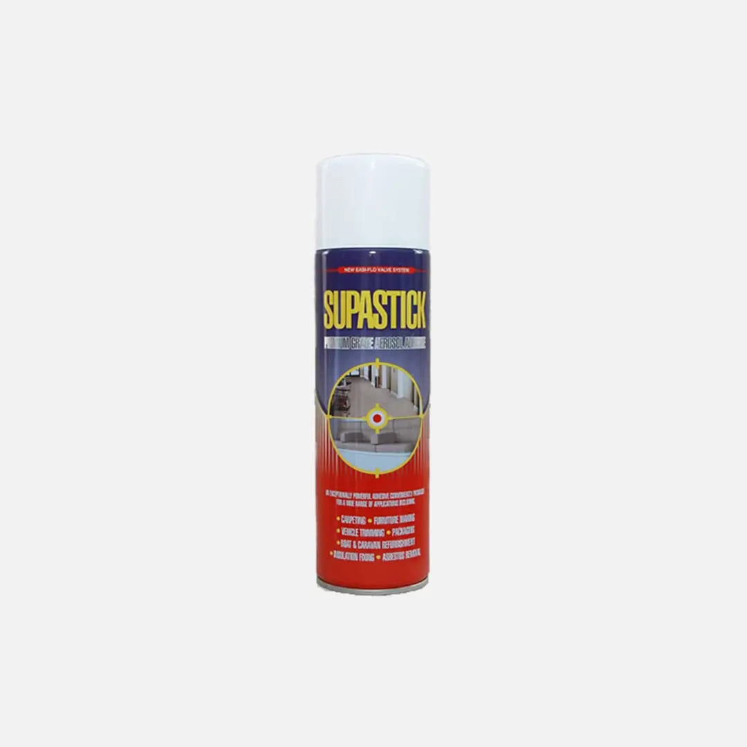 Aerosol can of Heavy Duty Spray Adhesive with red and blue label.