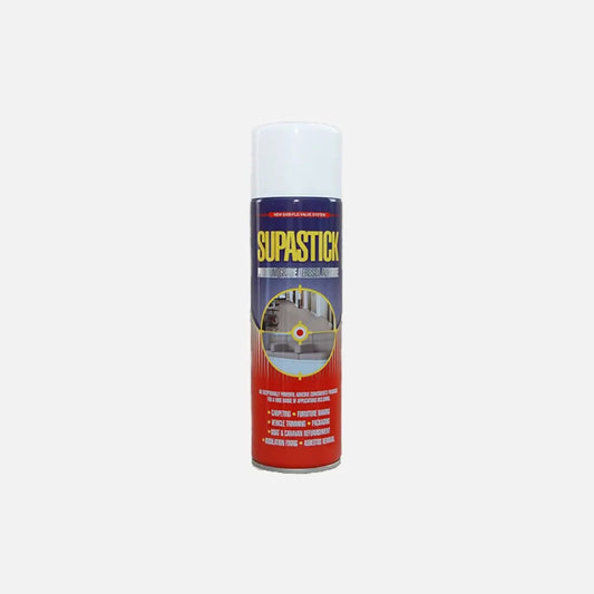 Aerosol can of Heavy Duty Spray Adhesive with red and blue label.