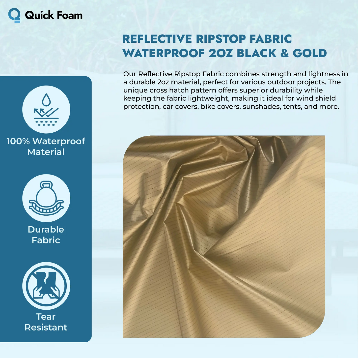 Reflective Ripstop Fabric Waterproof, UV-Protective 2oz Black & Gold