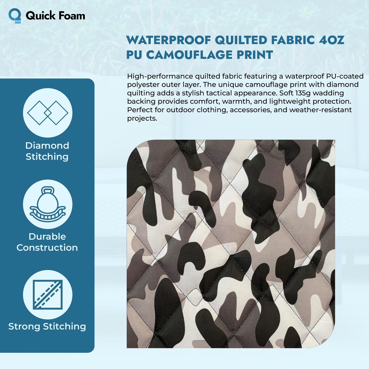 Waterproof Quilted Fabric 4oz PU, Camouflage Print