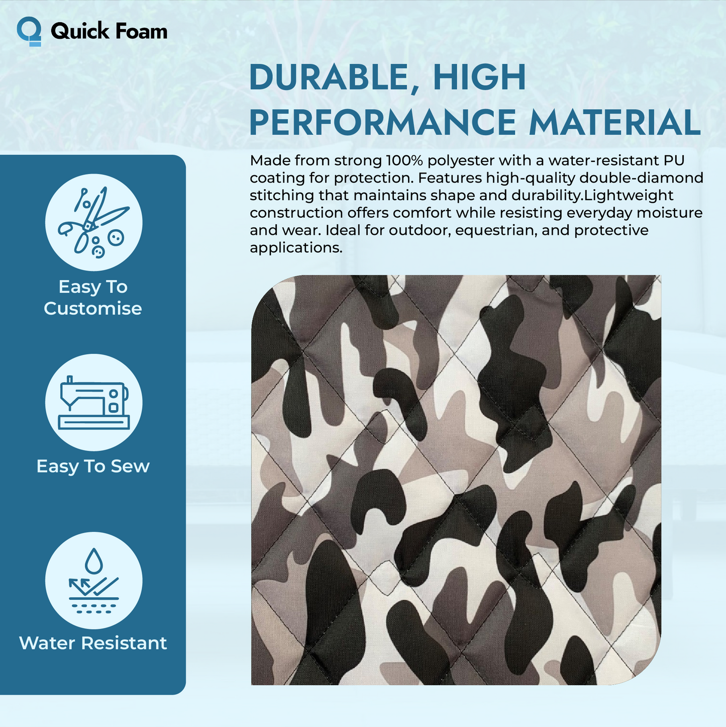Waterproof Quilted Fabric 4oz PU, Camouflage Print