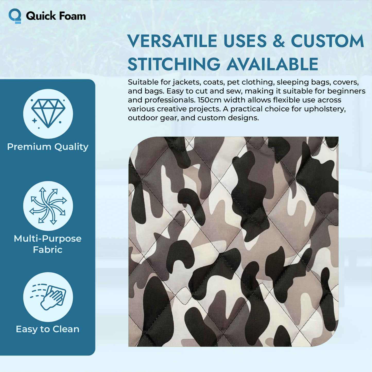 Waterproof Quilted Fabric 4oz PU, Camouflage Print